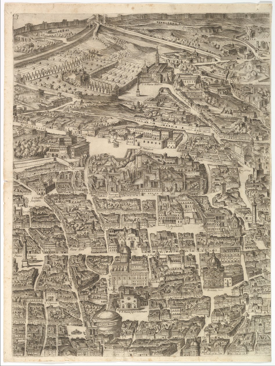 Plano da Cidade de Roma. Parte 3 com a Santa Maria Maggiore, o Panteão e o Trajano..., 1645. de Antonio Tempesta