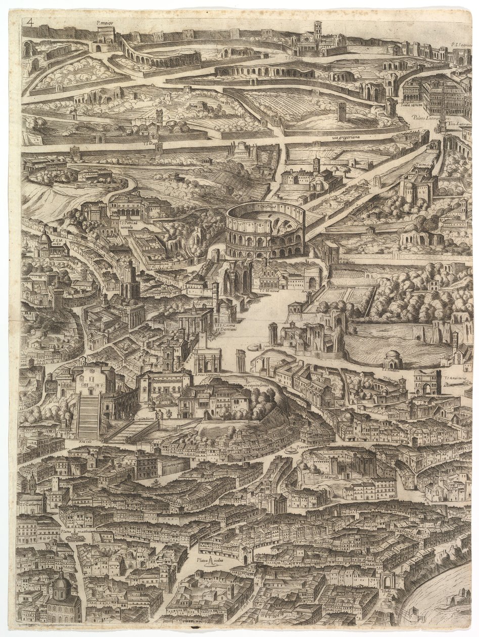 Plano da cidade de Roma. Parte 4 com a Santa Maria em Aracoeli, o Forum Romanum, o ..., 1645. de Antonio Tempesta