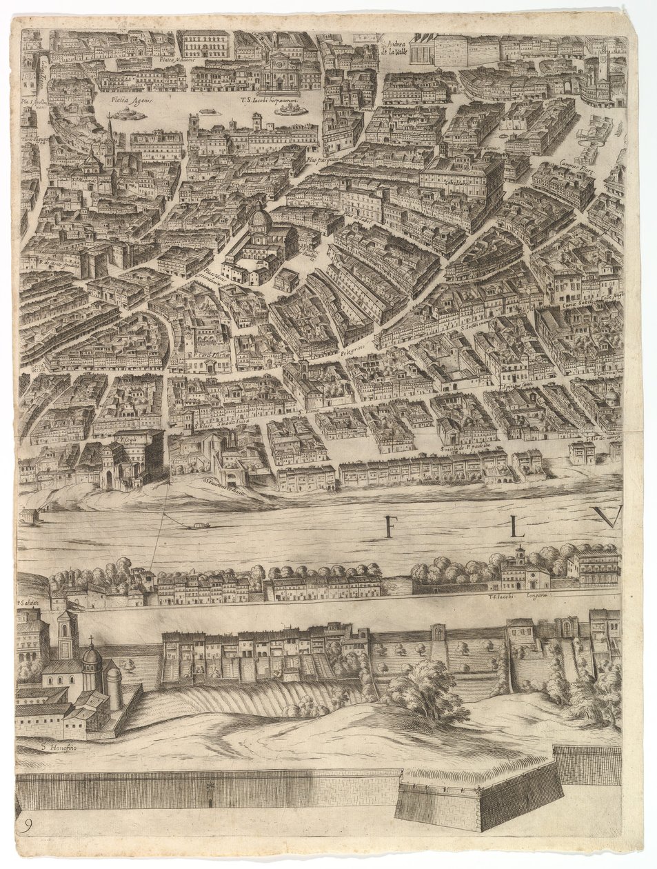 Planta da cidade de Roma: folha 9 com a Piazza Navona, o Campo di Fiore e o Sant ..., 1645. de Antonio Tempesta