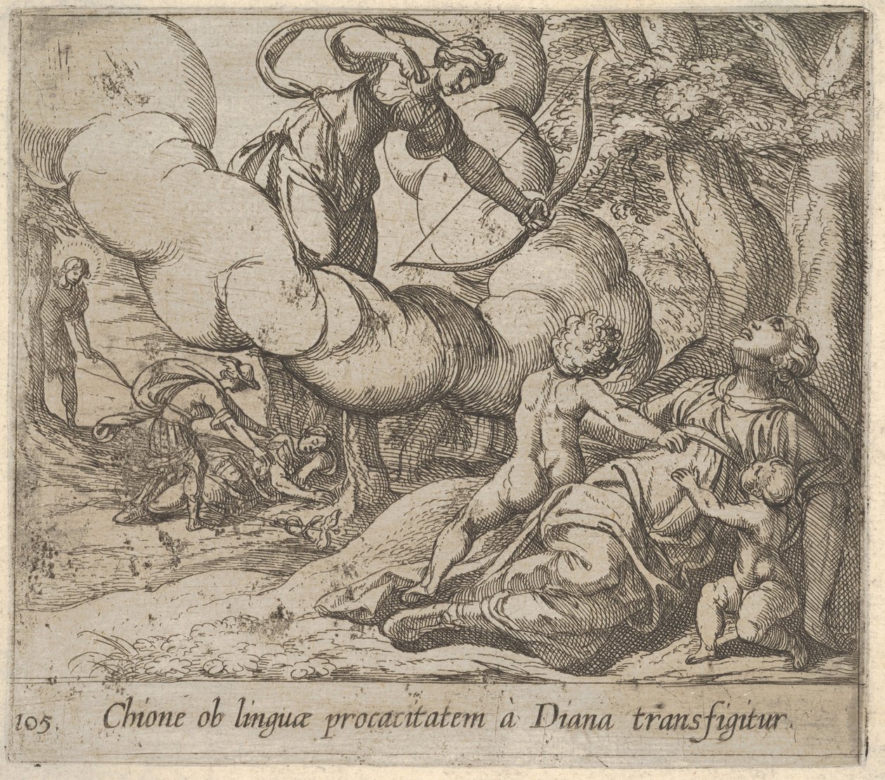 Ilustração 105: Diana apontando seu arco em direção a Chione, que é acompanhada por dois filhos, em outro ..., 1606. de Antonio Tempesta