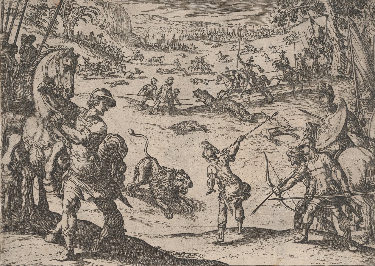 Placa 11: A caça ao leão de Alexandre, de Os feitos de Alexandre, o Grande, 1608., de Antonio Tempesta