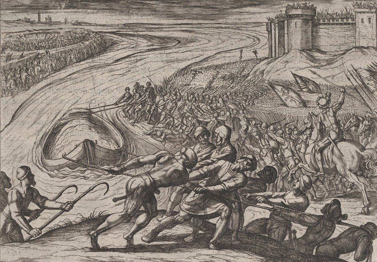 Ilustração 12: Puxando um Navio Carregado de Grãos para a Costa, de A Guerra dos Romanos Contra ..., 1611. de Antonio Tempesta