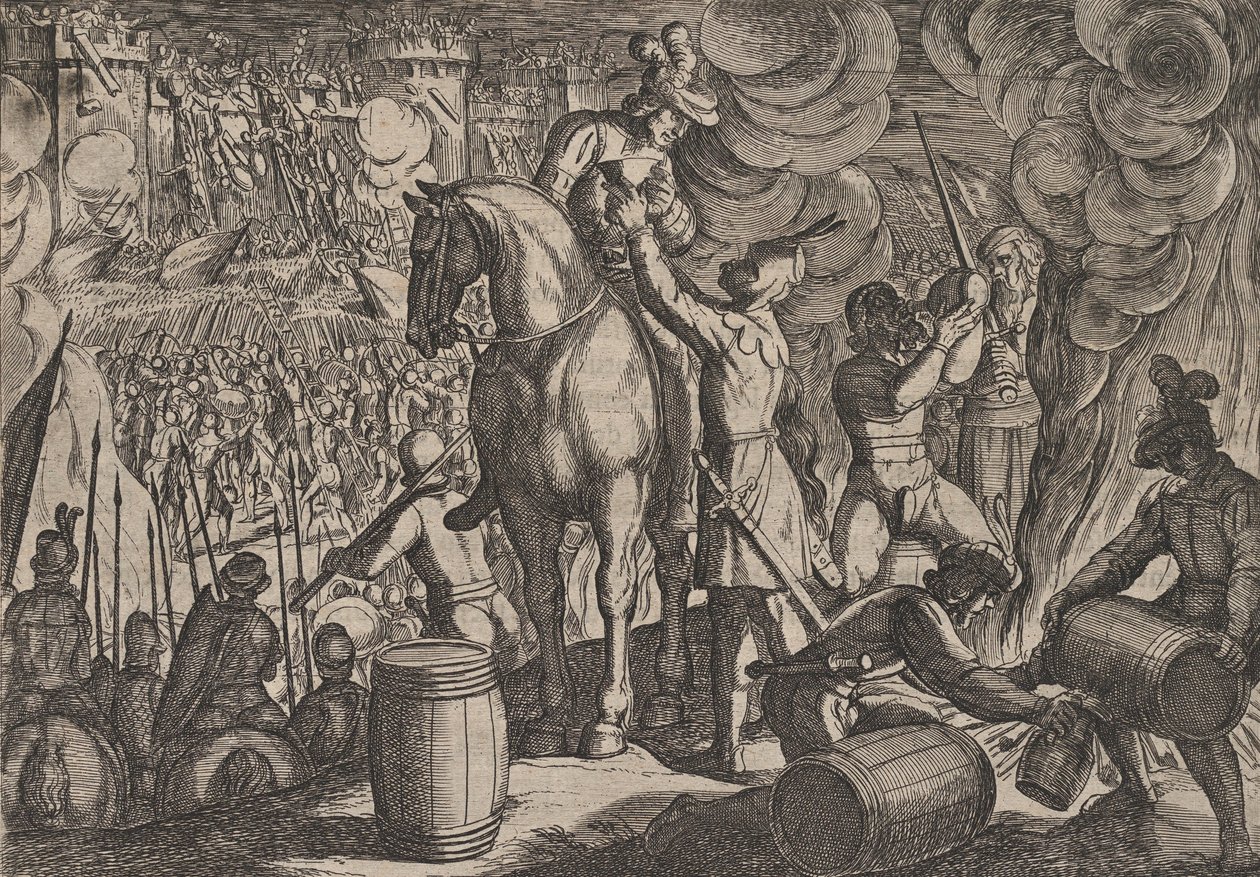 Gravura 13: Ataque à Fortaleza Romana à Noite, de A Guerra dos Romanos Contra os Ba..., 1611. de Antonio Tempesta