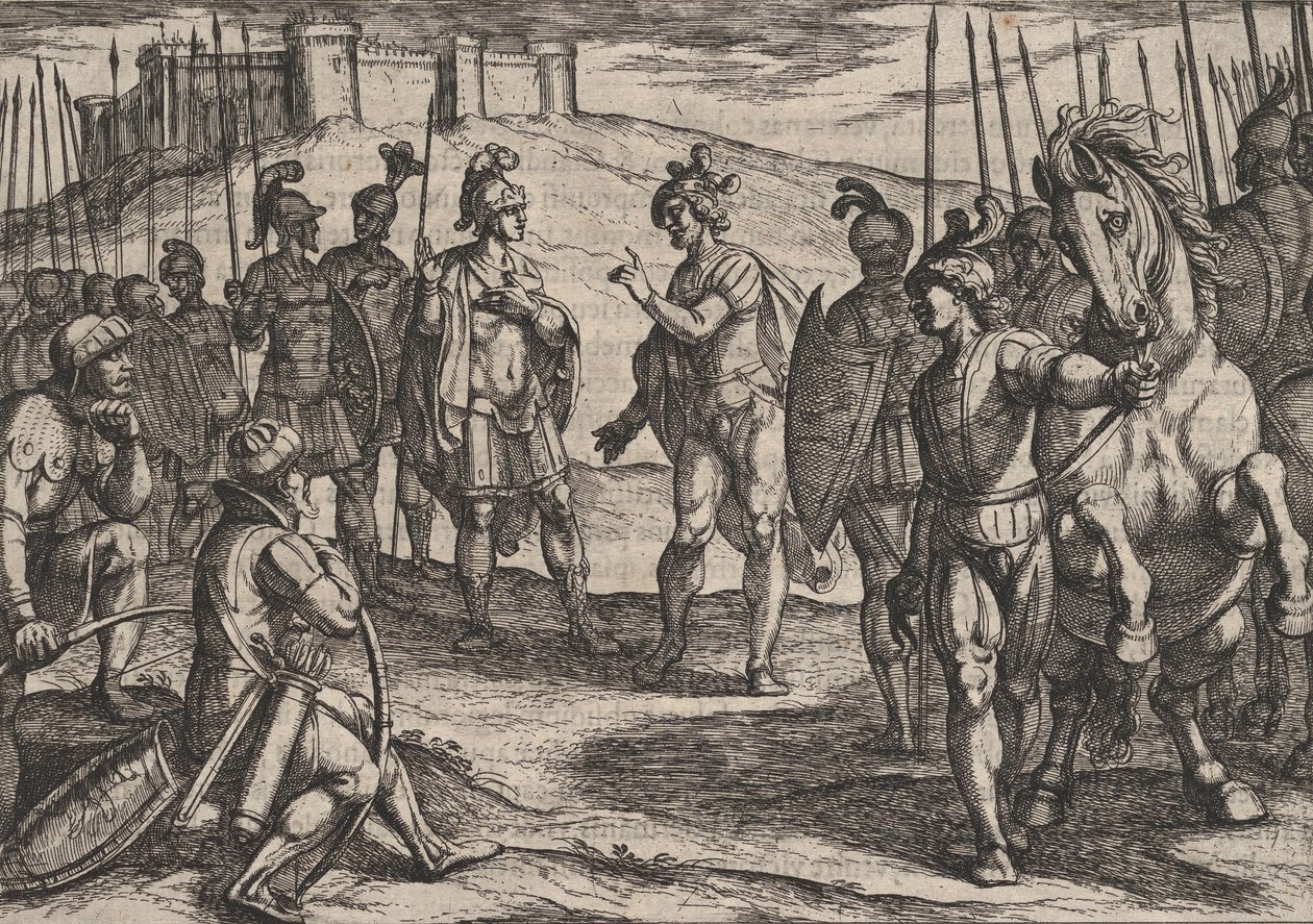 Gravura 15: Civilis tratando com um comandante romano, de A guerra dos romanos contra o ..., 1611. de Antonio Tempesta