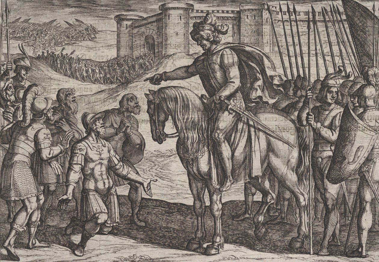 Gravura 19: Homens da Fortaleza se rendem e prometem suas vidas a Civilis, de A Guerra..., 1611. de Antonio Tempesta