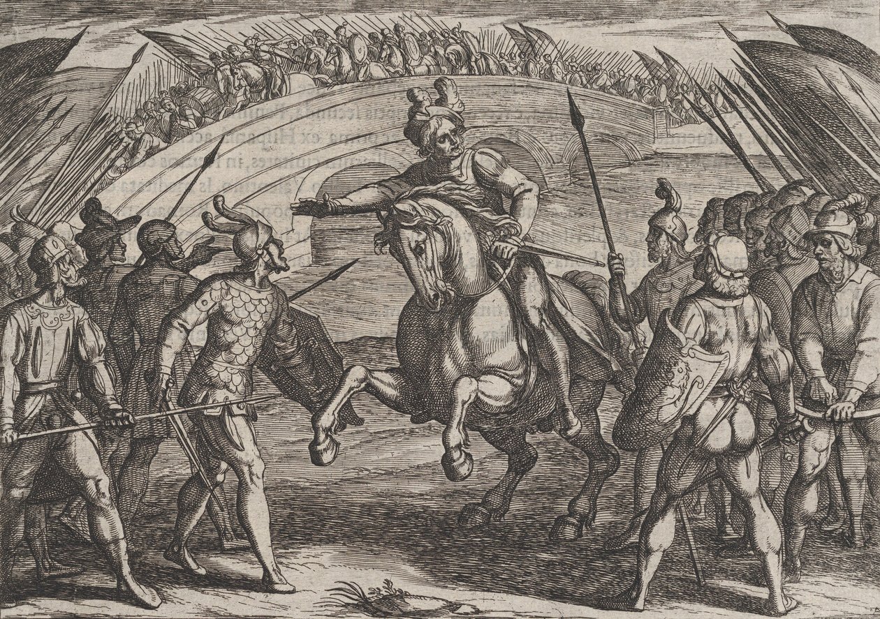 Gravura 22: Civilis separa tropas alemãs e holandesas, de A Guerra dos Romanos Contra o..., 1611. de Antonio Tempesta