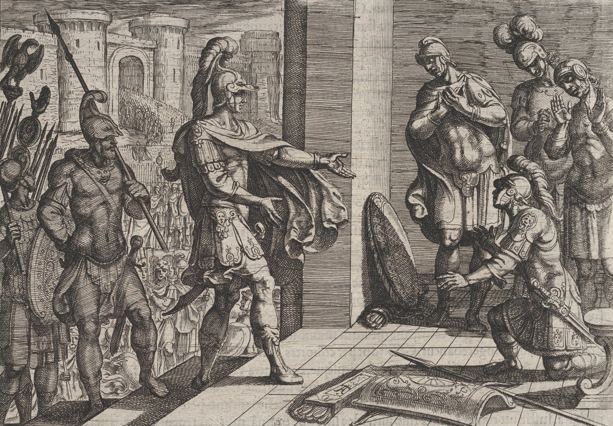 Gravura 26: Cerialis perdoa e alivia soldados romanos que ajudaram Civilis, de The Wa..., 1611. de Antonio Tempesta