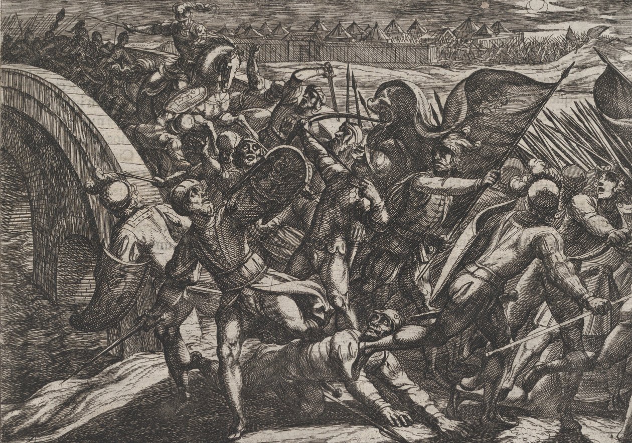 Gravura 27: Os holandeses durante um ataque surpresa do acampamento romano no Mosela, de The Wa..., 1611. de Antonio Tempesta