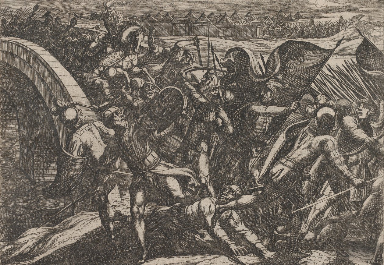 Gravura 27: Os holandeses durante um ataque surpresa do acampamento romano no Mosela, de The Wa..., 1611. de Antonio Tempesta