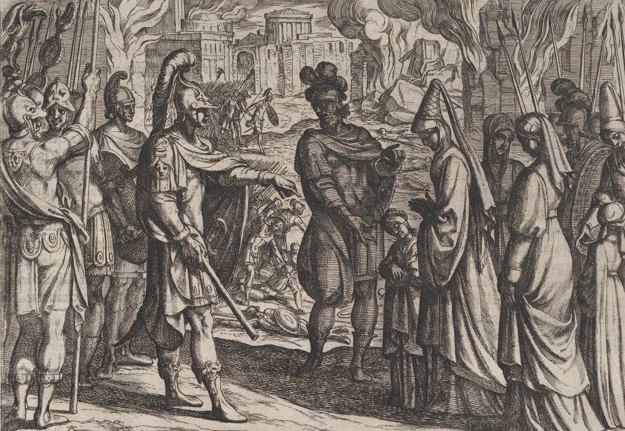 Ilustração 28: Tropas de Colônia trazem a esposa e irmã de Civilis para Cerialis, de A Guerra da R..., 1611. de Antonio Tempesta