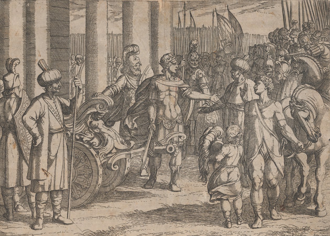 Placa 2: Alexandre cortando o nó górdio, de Os feitos de Alexandre, o Grande, 1608., de Antonio Tempesta