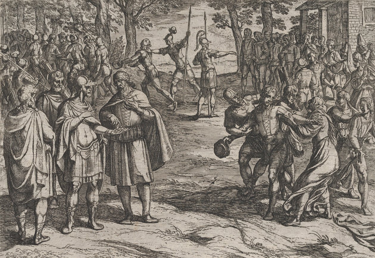 Placa 2: Os romanos tomando holandeses velhos como reféns e seduzindo os jovens, de A guerra..., 1611. de Antonio Tempesta