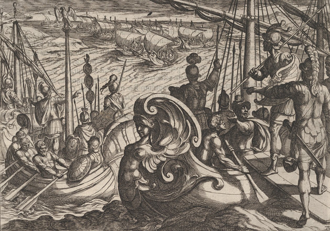 Gravura 33: Flotilhas holandesas e romanas no Reno, de A guerra dos romanos contra o B..., 1611. de Antonio Tempesta