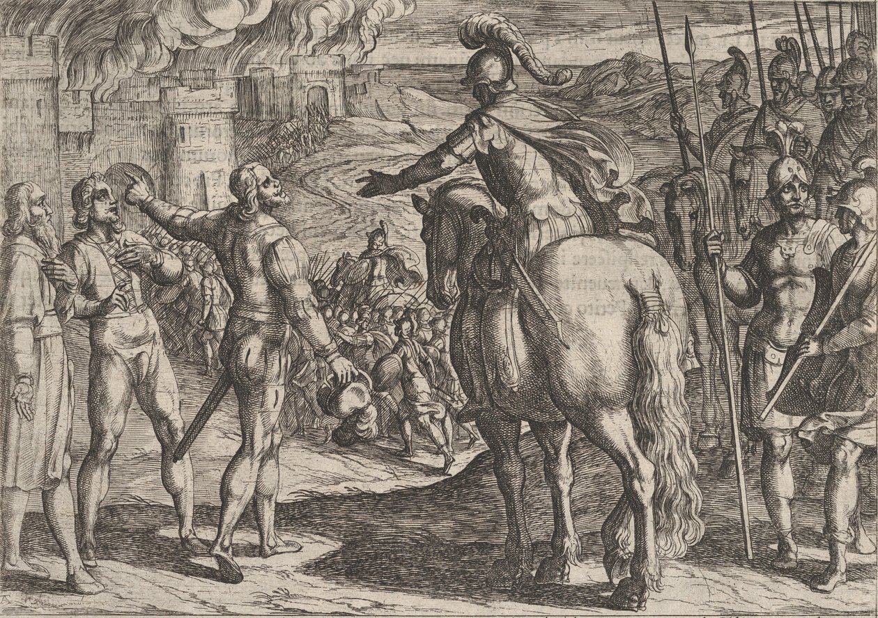 Gravura 34: Os Romanos Queimando o Campo Holandês, de A Guerra dos Romanos Contra o..., 1611. de Antonio Tempesta