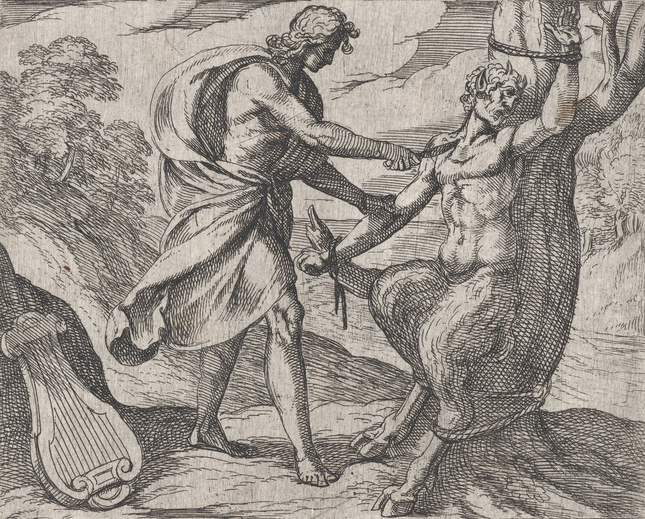 Placa 58: Apollo matando Marsyas Marsyas conquistado por Apollo é escoriado, de Ovídio 