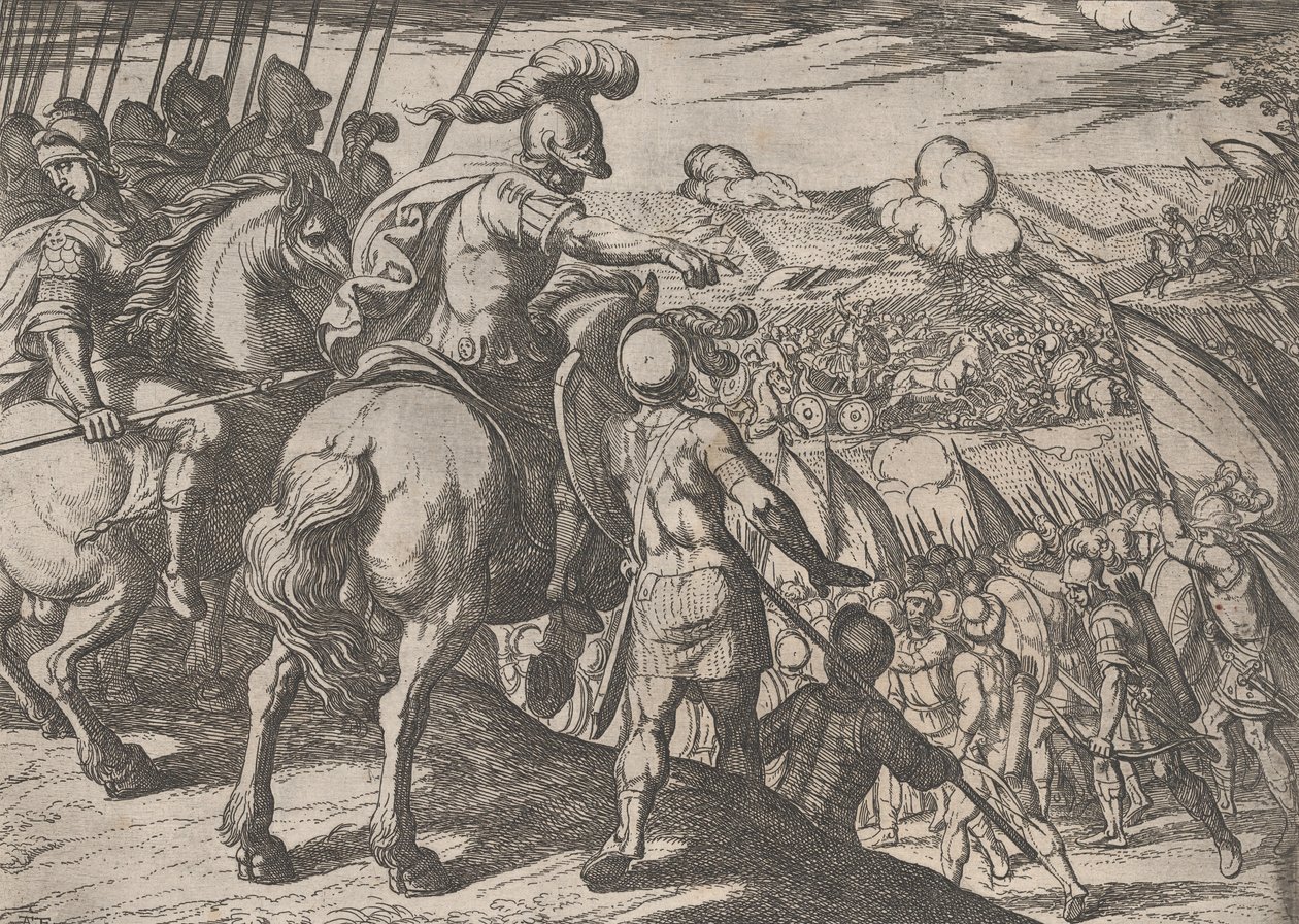 Placa 5: Alexandre dirigindo uma batalha, de Os feitos de Alexandre, o Grande, 1608., de Antonio Tempesta