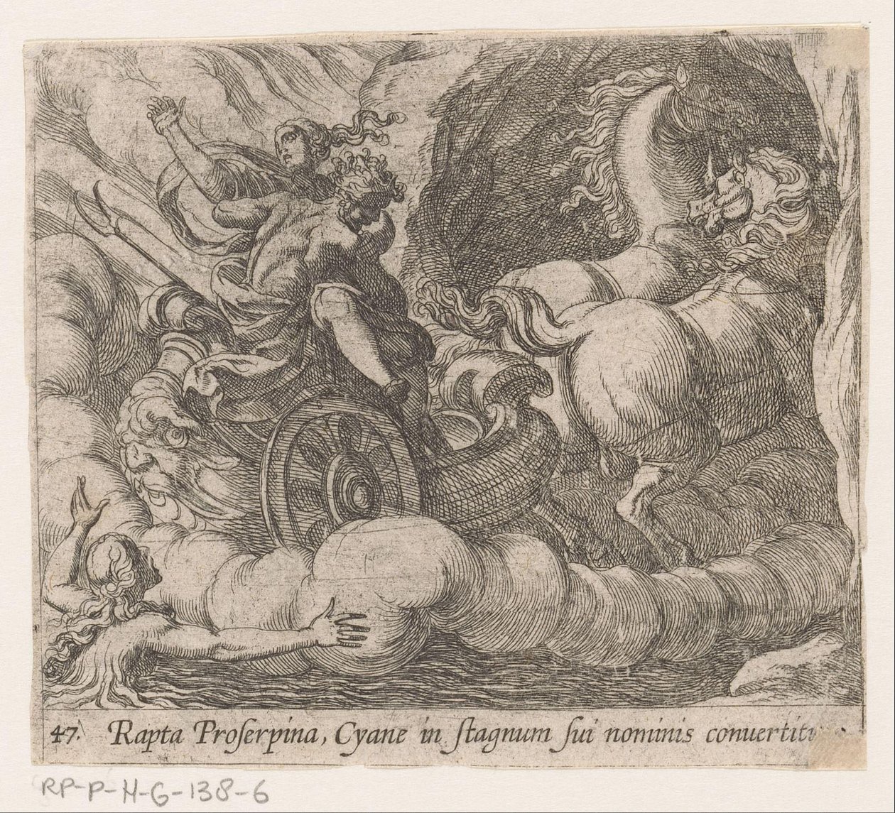 Plutão devora Proserpina definhando da ninfa Cyane Sequestrada por Proserpina, Cyane é transformada em uma piscina própria (título no objeto) Metamorfoseon ou transformações (título da série) Metamorfosen van Ovidius (título da série) de Antonio Tempesta