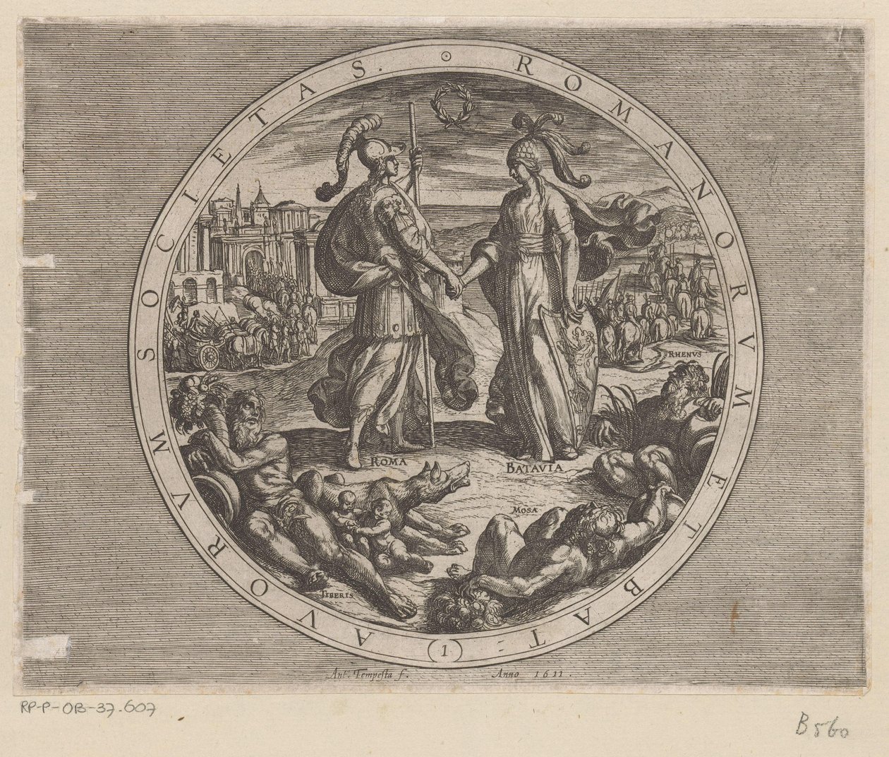 Ciganos e Batávia apertam as mãos
Romanorum et Batavorum societas (título sobre o objecto)
As guerras Batavianas contra os Romanos (título da série)
Batavorum cum Romanis Bellum (título da série) de Antonio Tempesta