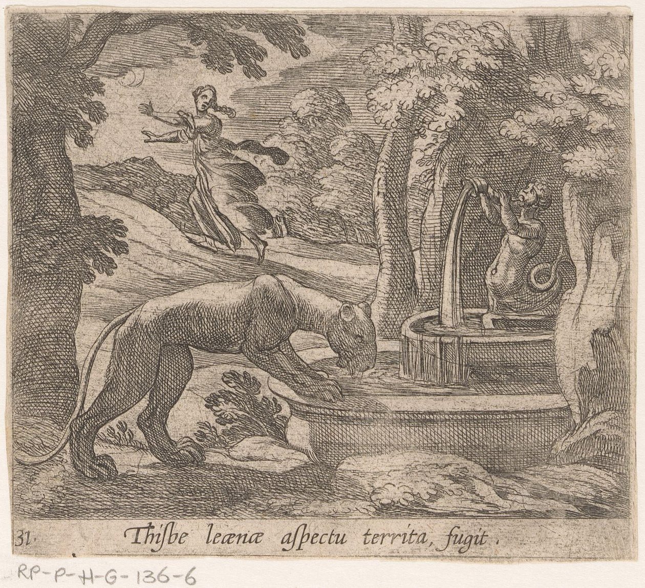 Thisbe vlucht para o leeuwin pelo bron Este é um aspecto do território fugitivo (título no objeto) Metamorfose e Transformação (título da série) As Metamorfoses de Ovídio (título da série) de Antonio Tempesta