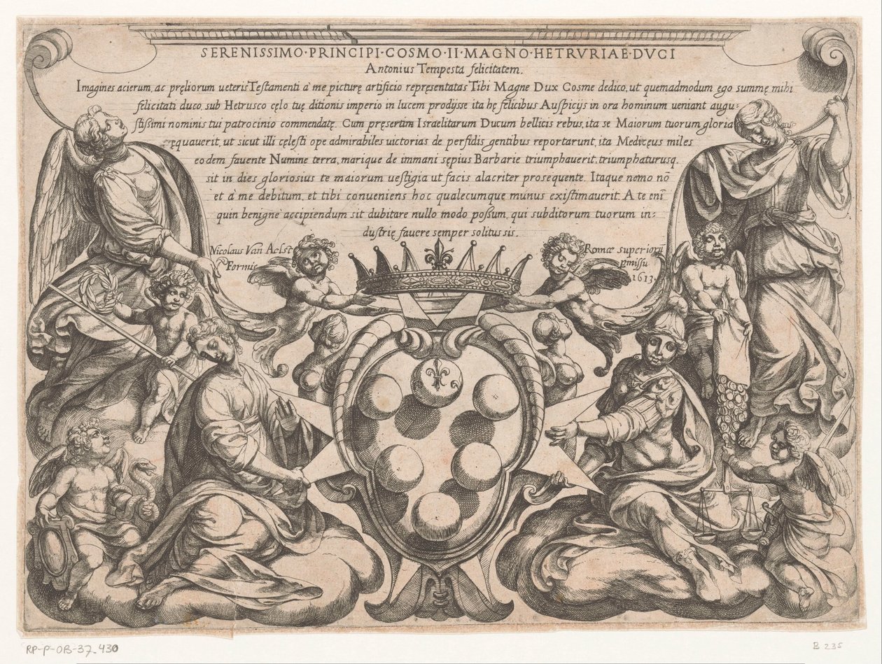 Estampa de título com dedicação e brasão de Cosimo II de