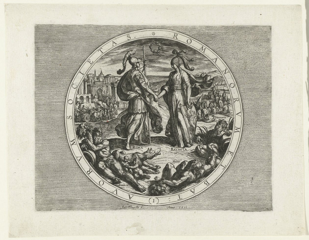 Estampa do título da série A Revolta Bataviana, 69-70
Romanorum et Batavorum Societas (1) (título sobre o objecto)
A Revolta Bataviana (título da série)
Batavorum cum Romanis Bellum, à Corn. Tacito / De Batavische Oft Oude Hollandtsche Oorloghe teghen d de Antonio Tempesta