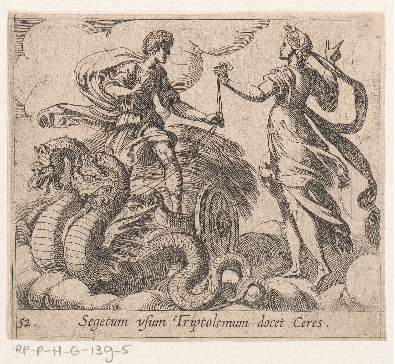 Triptolemus recebe a carruagem da Ceres
Segetum vsum Triptolemum docet Ceres (título sobre o objecto)
Metamorfoseon sive transformationum (título da série)
Metamorfoses de Ovid (título da série) de Antonio Tempesta