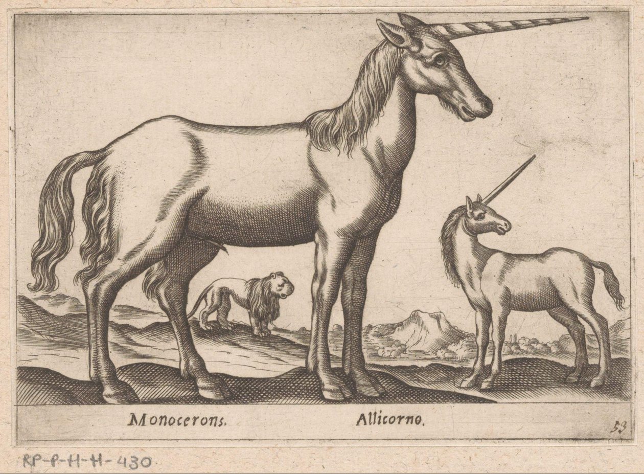 Dois unicórnios e um leão Monocerons/ Allicorno (título no objeto) Animais e criaturas míticas (título da série) Nova raccolta de li animali piu curiosi del mondo (título da série) de Antonio Tempesta