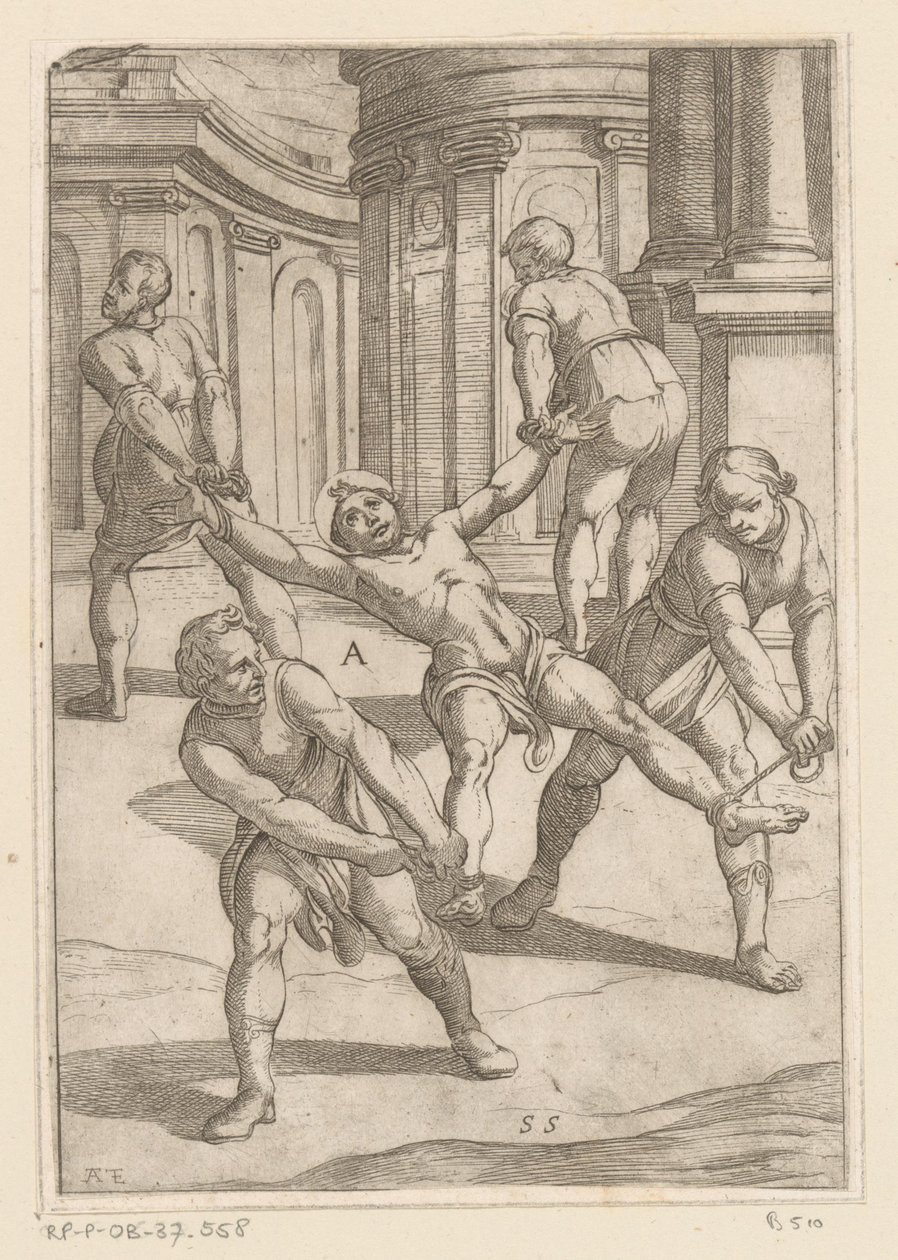 Quatro homens puxam os membros do santo Torturas sofridas por mártires cristãos (título da série) Varia tormentorum et supplicioru rawlium (...) (título da série) de Antonio Tempesta