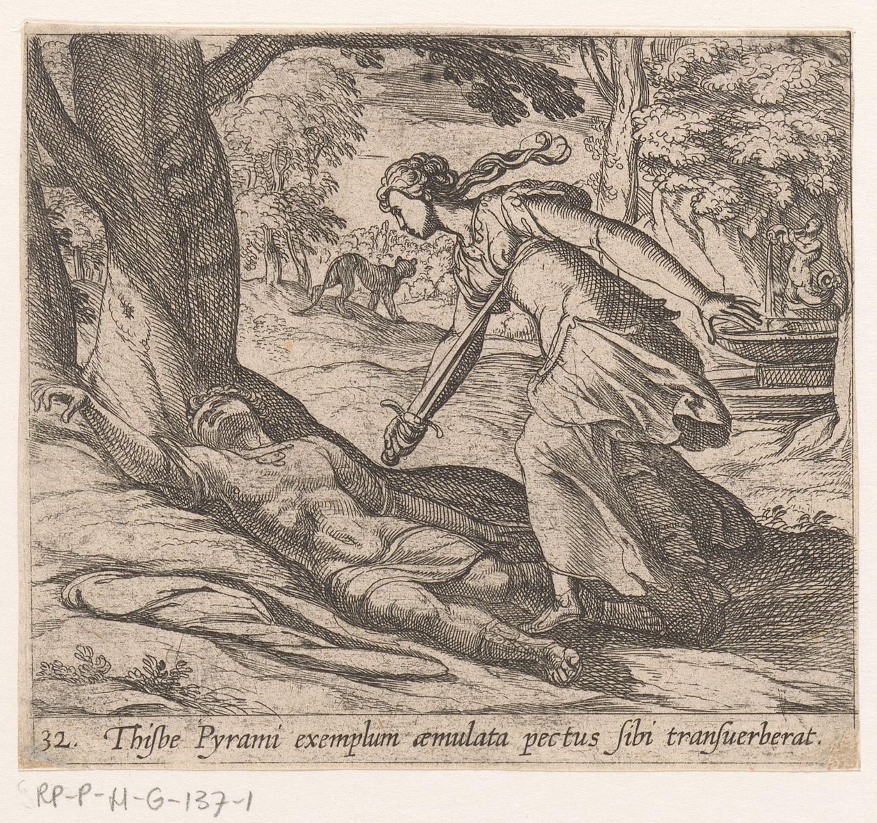 Zelfmoor de Thisbe Thijsbe tinha atravessado seu peito seguindo o exemplo de Pyramus (título no objeto) Metamorfoseon ou transformações (título da série) Metamorfosen van Ovidius (título da série) de Antonio Tempesta
