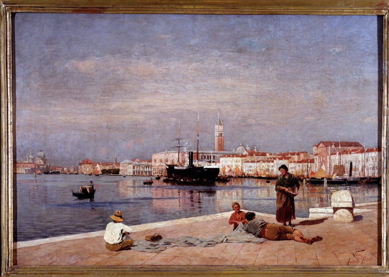 Vista da lagoa de Veneza a partir de uma doca (óleo sobre tela de Antonio Varni