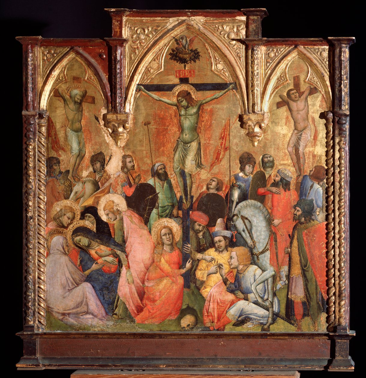 Crucificação, com os dois ladrões crucificados com Jesus Cristo (tempera e ouro no painel de Antonio Veneziano