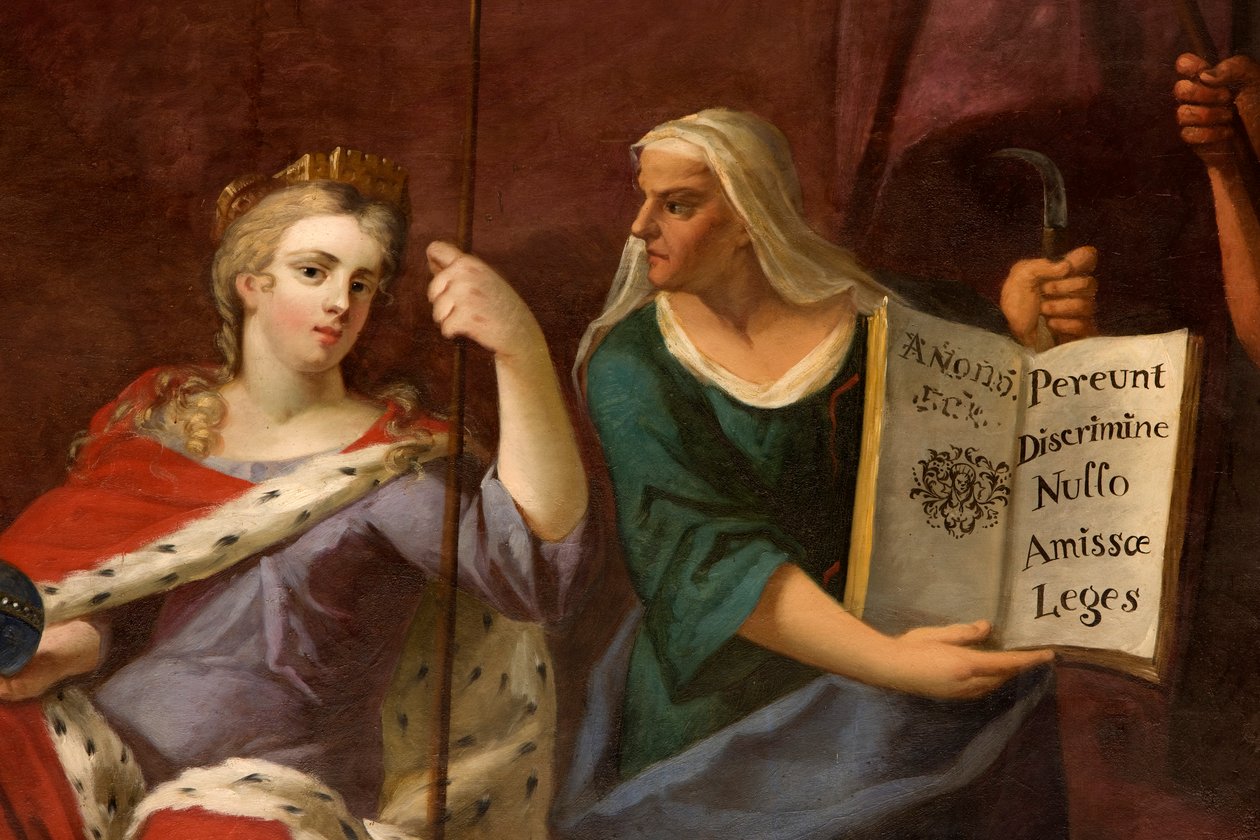Rainha Ana como Britannia, com uma profetisa, detalhe da Sala de Desenhos da Rainha de Antonio Verrio