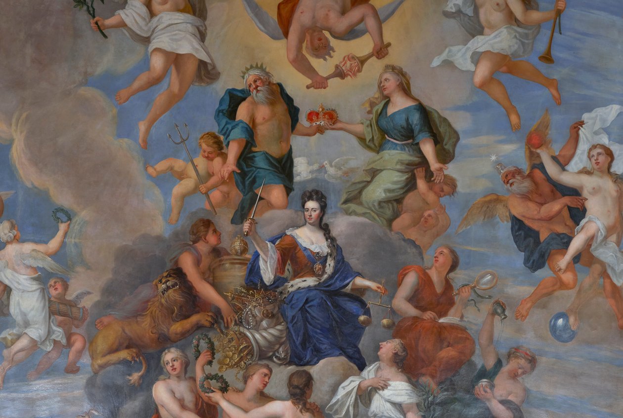 Rainha Ana rodeada por uma série de virtudes personificadas, detalhe do tecto do Salão de Desenhos da Rainha de Antonio Verrio