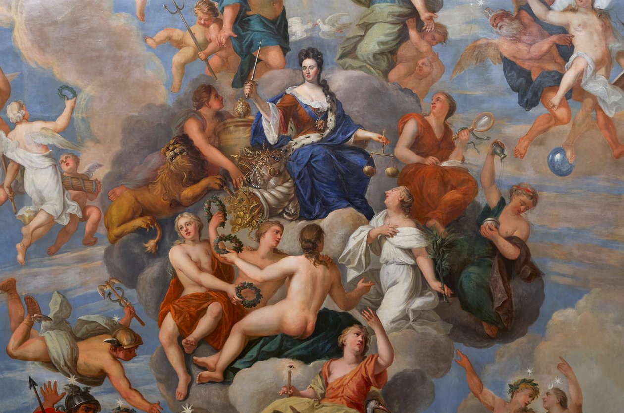 Rainha Ana rodeada por uma série de virtudes personificadas, detalhe do tecto do Salão de Desenhos da Rainha de Antonio Verrio