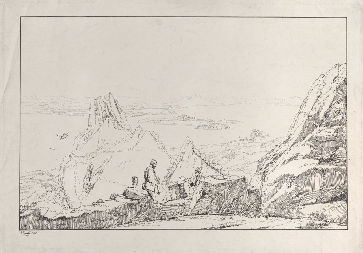 Paisagem montanhosa com dois homens em primeiro plano, 1828. de Antonio Vianello