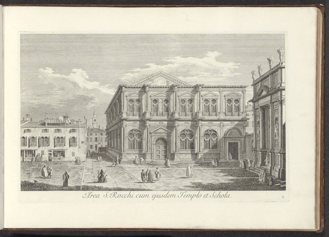 Vista do Campo San Rocco em Veneza
Area S. Rocchi cum ejusdem Templo et Schola (título sobre o objecto)
Vistas de edifícios e praças em Veneza (título da série)
Urbis Venetiarum prospectus celebrriores, ex Antonii Canal tabulis XXXVIII aere expressi ab  de Antonio Visentini