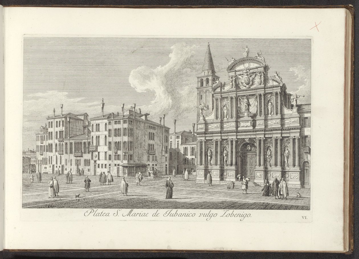 Vista do Campo Santa Maria Zobenigo em Veneza
Area S. Rocchi cum ejusdem Templo et Schola (título sobre o objecto)
Vistas de edifícios e praças em Veneza (título da série)
Urbis Venetiarum prospectus celebrriores, ex Antonii Canal tabulis XXXVIII aere e de Antonio Visentini