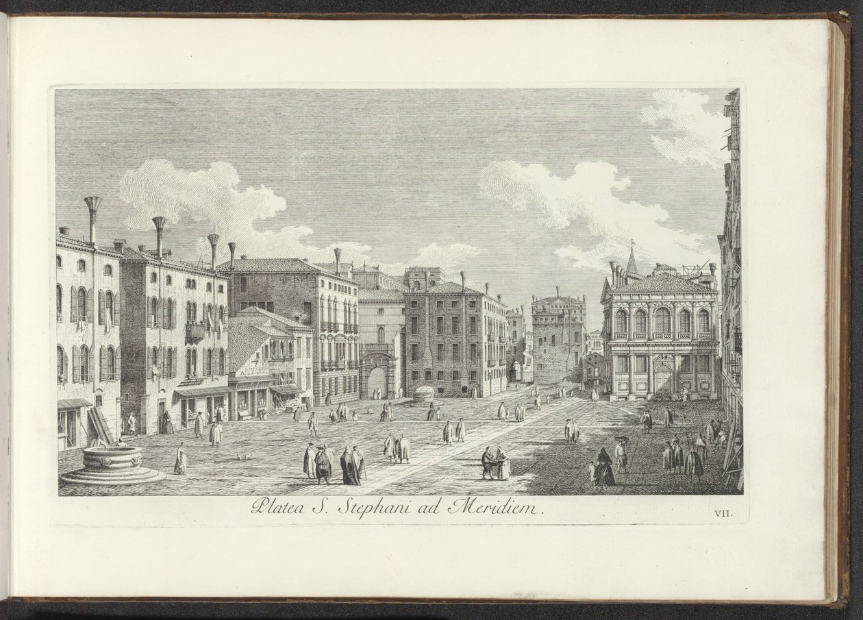 Gezicht op Campo Santo Stefano te Venetië Praça de Santo Estêvão ao Sul (título no objeto) Gezichten op bugemenen en pleinen in Venetië (título da série) As vistas mais famosas da cidade de Veneza, dos 38º painéis do Canal Antonius, impressos em latão por  de Antonio Visentini