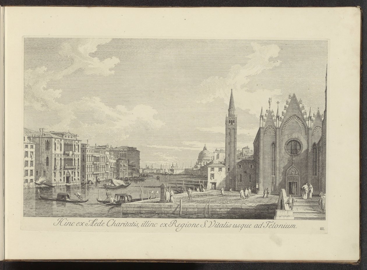 Gezicht op het Canal Grande en de Chiesa di Santa Maria della Carità te Venetië
Hinc ex aede Charitatis, illinc ex Regione S. Vitalis usque ad Telonium (título sobre o objecto)
Urbis Venetiarum prospectus celebrriores, ex Antonii Canal tabulis XXXVIII ae de Antonio Visentini