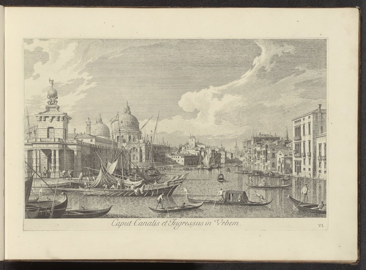 Gezicht op het Canal Grande te Venetië
Caput Canalis et Ingressus in Urbem (título sobre o objecto)
Urbis Venetiarum prospectus celebrriores, ex Antonii Canal tabulis XXXVIII aere expressi ab Antonio Vissentini in partes tres distributi. pars prima (títu de Antonio Visentini