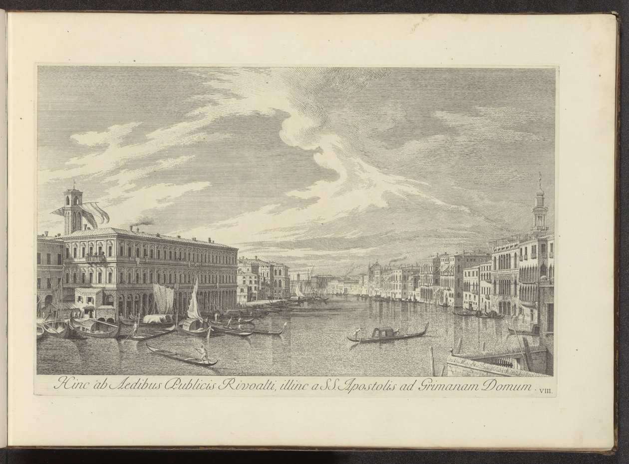 Gezicht no Canal Grande te Venetië Daqui para as Casas Públicas de Rivoalti, do outro lado da SS. Apóstolos para Grimana House (título no objeto) As vistas mais famosas da cidade de Veneza, dos 38 painéis em latão do Canal Antonius, impressos por Antonio V de Antonio Visentini