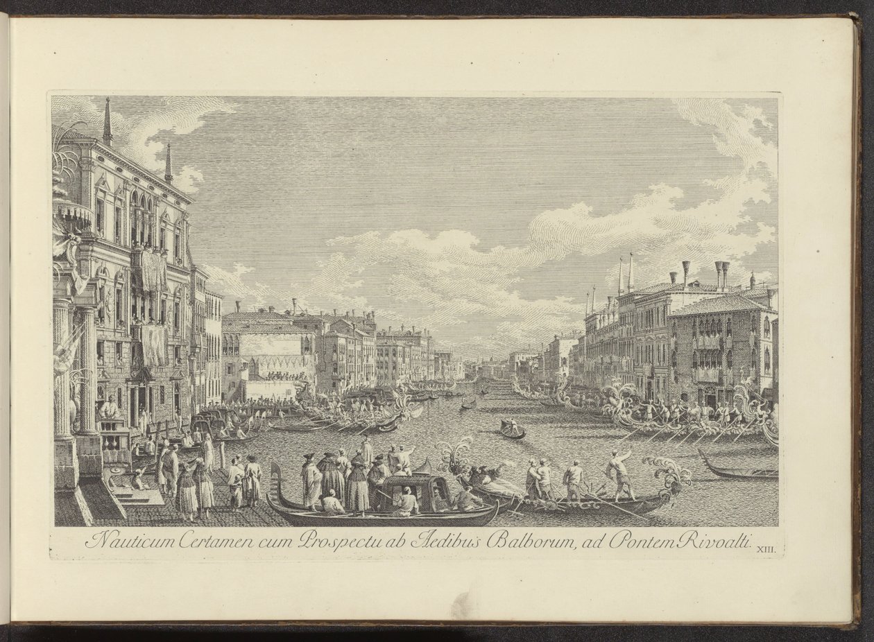 Gezicht no Canal Grande te Venetië waar de Regata plaatsvindt Competição Náutica com Vista das Casas de Balbore à Ponte Rivoalti (título no objeto) Mais vistas famosas da cidade de Veneza, dos painéis Antonius Canal 38 impressos no ar por Antonio de Antonio Visentini