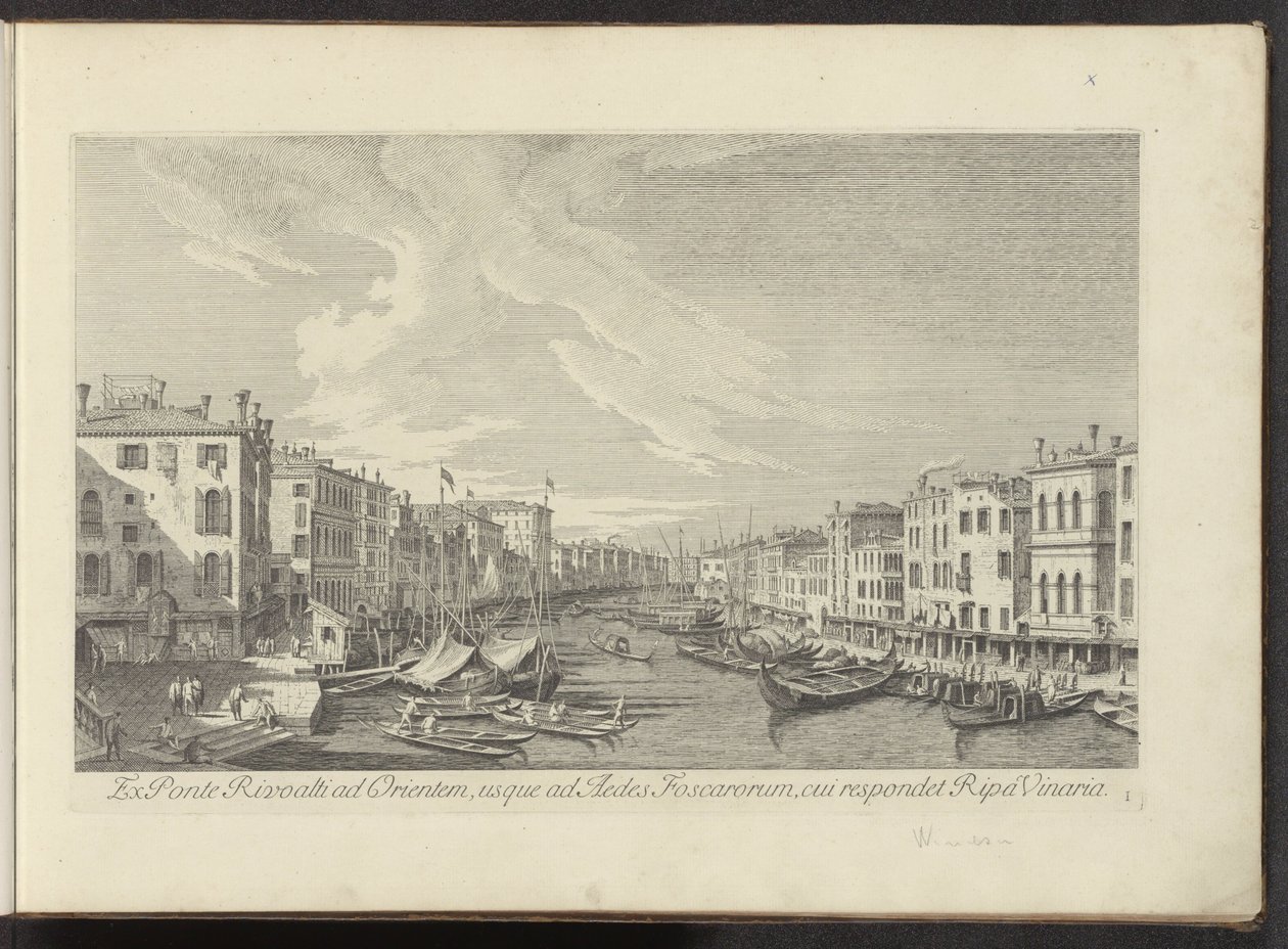 Gezicht vanaf de Rialtobrug no Canal Grande te Venetië Da Ponte Rivoalti a Leste, ao Aedes Foscarorum, ao qual corresponde Ripa Vinaria (título no objeto) As vistas mais famosas da cidade de Veneza, dos 38 painéis do Canal Antonius, impressas em latão por  de Antonio Visentini