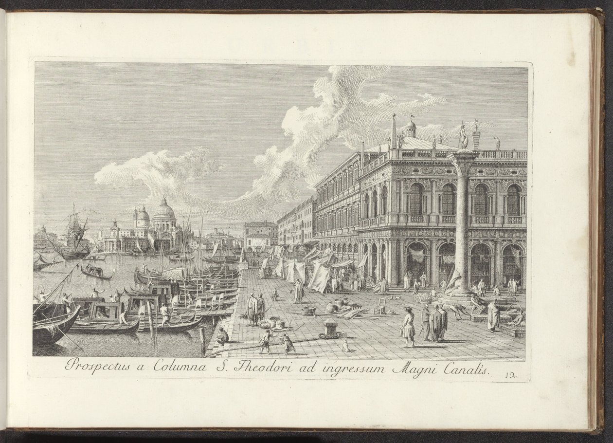 Hoek van het San Marcoplein met de Biblioteca Marciana
Prospectus a Columna S. Theodori ad ingressoum Magni Canalis (título sobre o objecto)
Urbis Venetiarum prospectus celebrriores, ex Antonii Canal tabulis XXXVIII aere expressi ab Antonio Vissentini in de Antonio Visentini