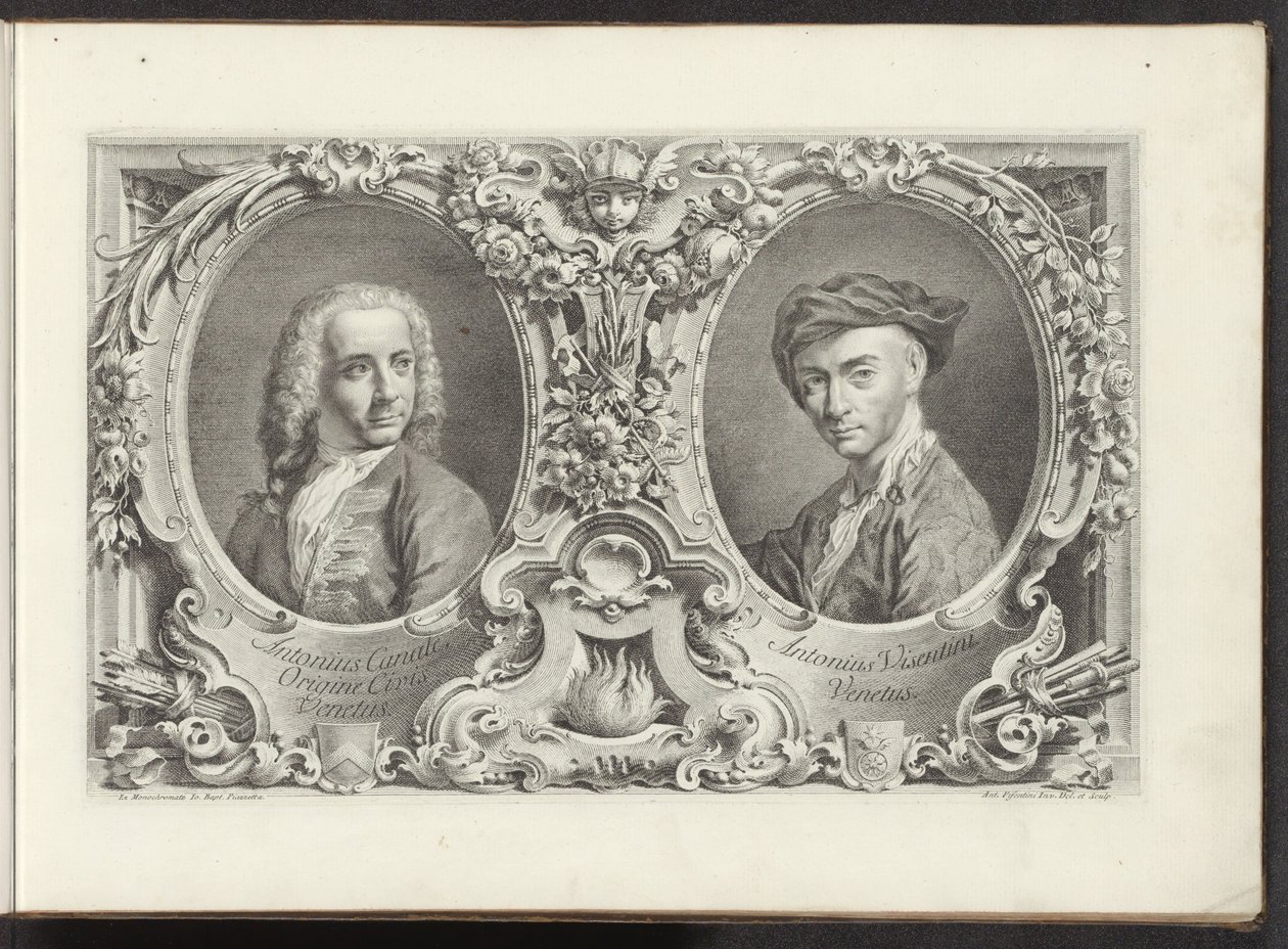 Retratos dos artistas Canaletto e Antonio Visentini
Urbis Venetiarum prospectus celebrriores, ex Antonii Canal tabulis XXXVIII aere expressi ab Antonio Vissentini in partes tres distributi. pars prima (título da série)
Vistas dos principais canais em Ven de Antonio Visentini