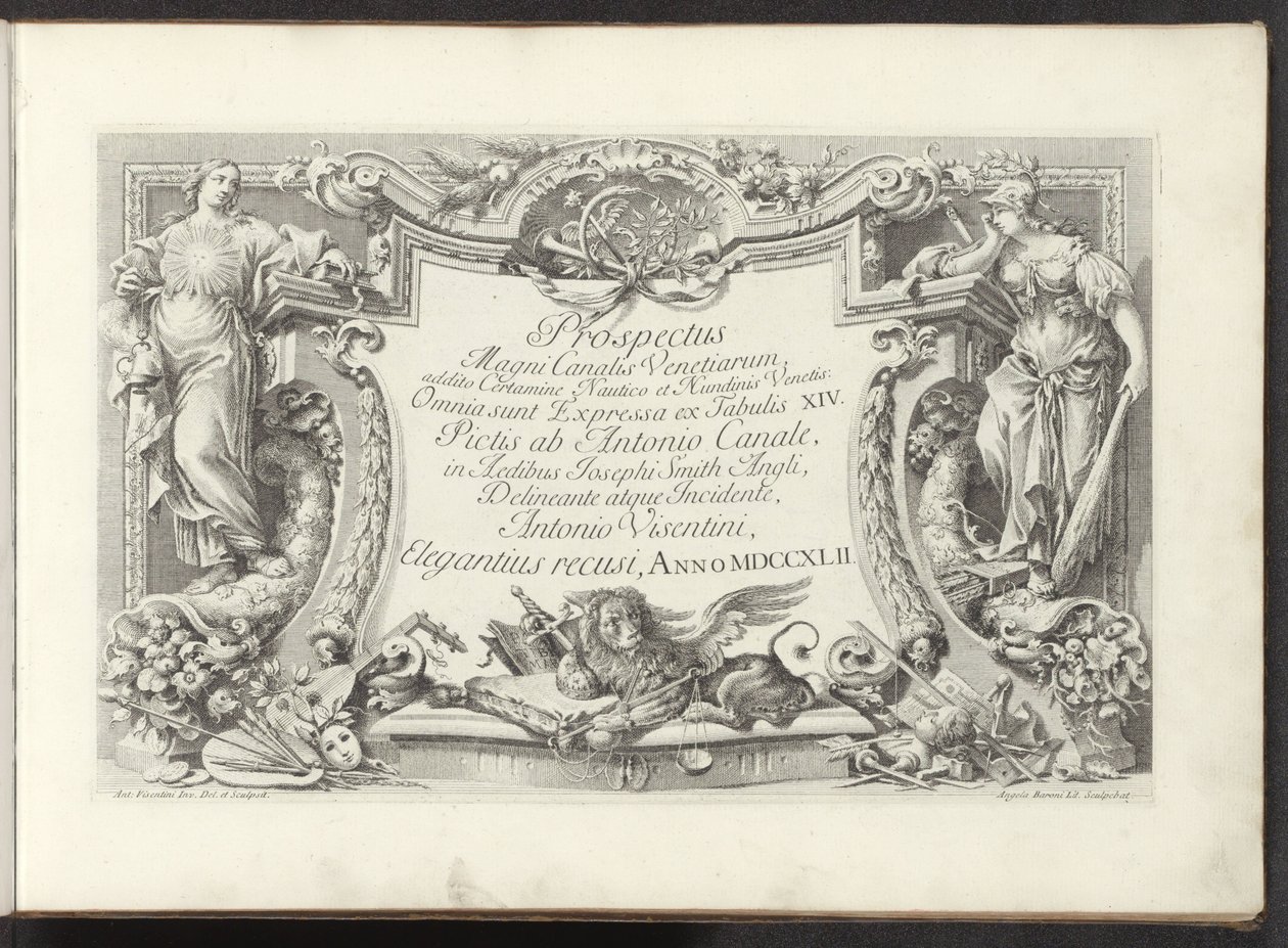 Impressão de título com cartucho retratando Sabedoria e Força
Vistas de grandes canais em Veneza (título da série)
Prospectus Magni Canalis Venetiarum (título da série sobre o objecto) de Antonio Visentini