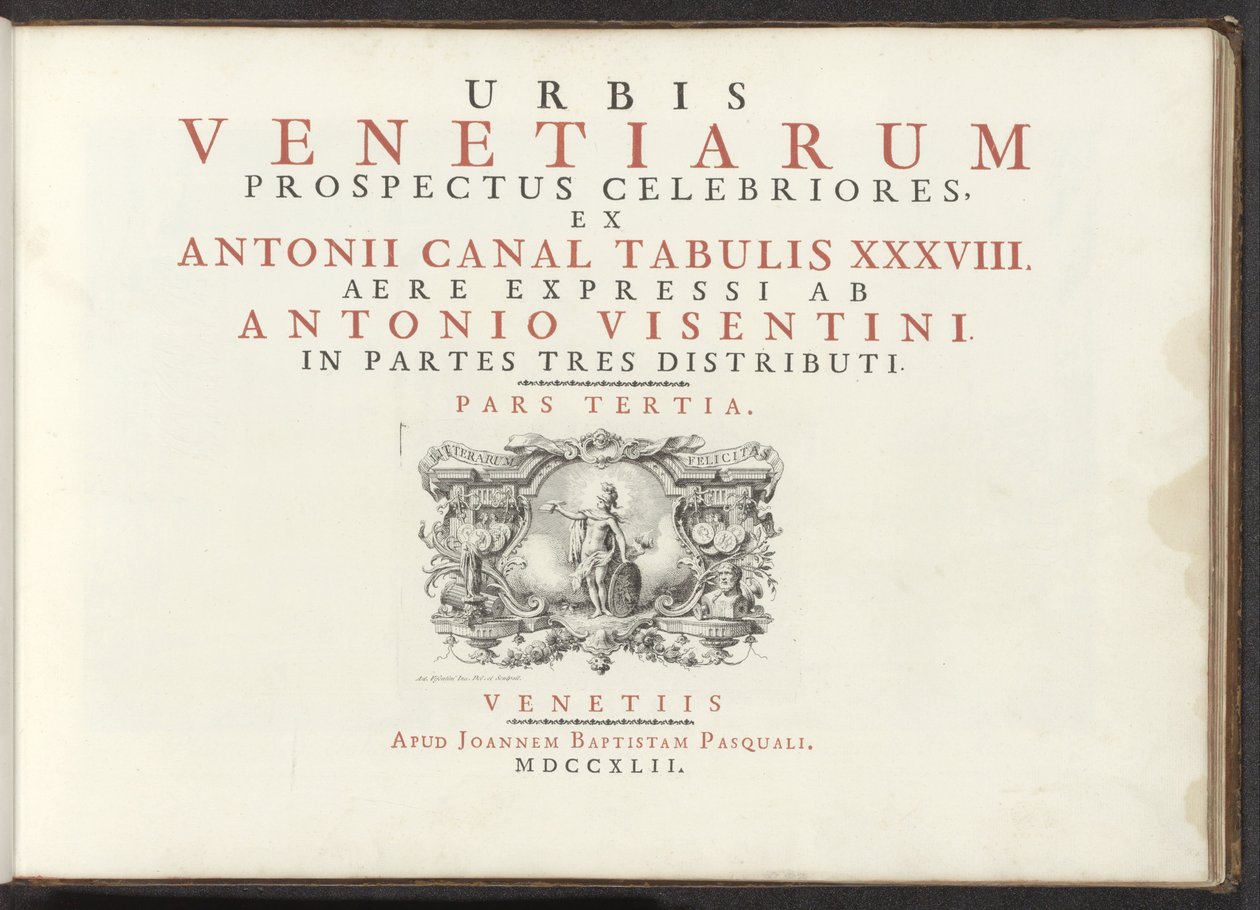 Titelprent com een ​​naakte vrouwenfiguur com schild, helm en boek As vistas mais famosas da cidade de Veneza, a partir dos 38 painéis do Canal Antonius, impressos em latão por Antonio Vissentini, divididos em três partes. terceira parte (título da série n de Antonio Visentini
