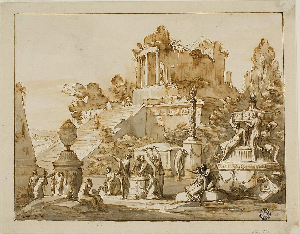 Paisagem clássica com um templo em ruínas numa colina, figuras femininas em baixo de Antonio Zucchi