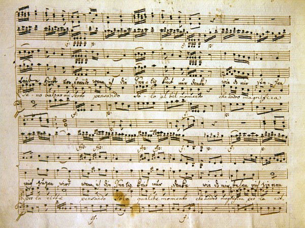 Final c18th cópia de uma página de manuscrito da pontuação de La scuola de gelosi de Antonio after Salieri