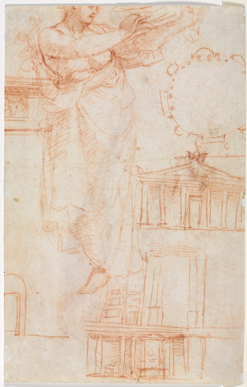 Uma figura feminina drapeada, possivelmente uma Amazônia e estudos arquitetônicos verso, c. 1525 de Antonio da Correggio